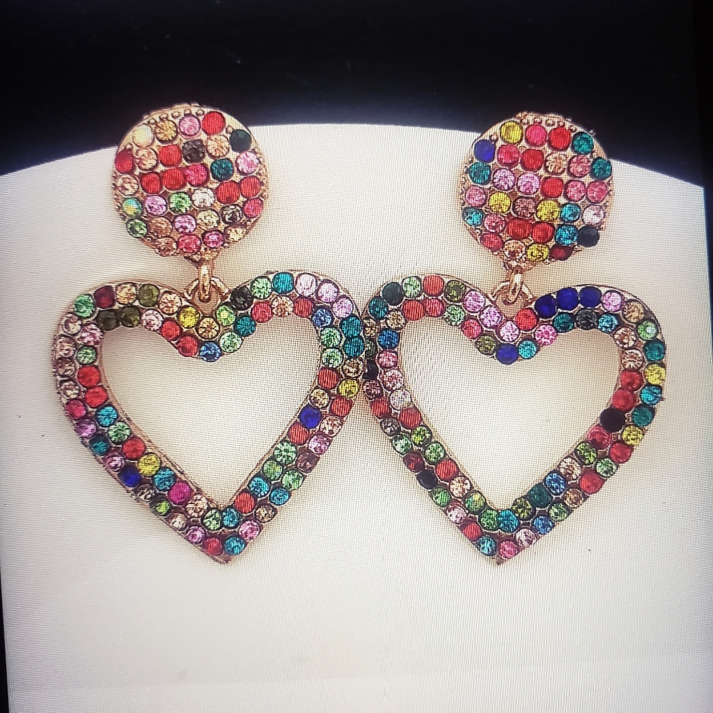 Betsey Johnson Rare Rhinestone Crystal Golden Heart Drop Earring